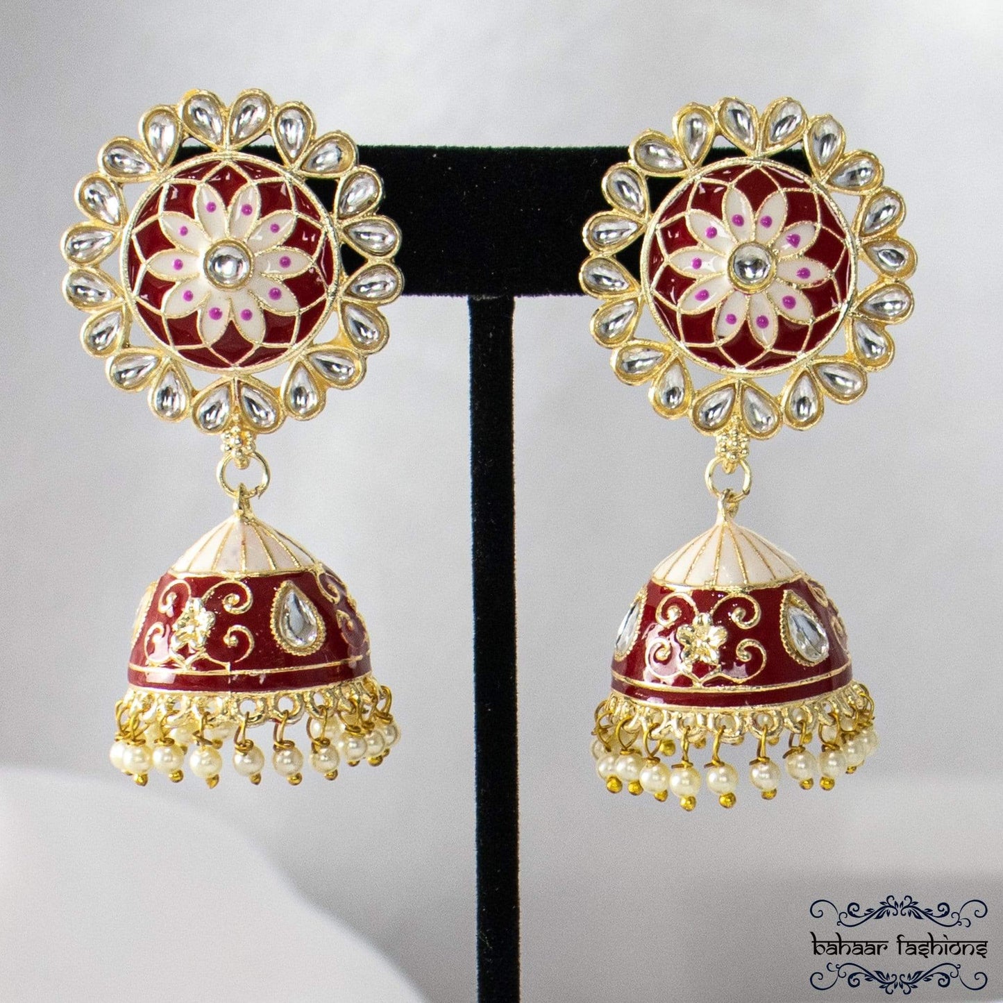 Bahaar Fashions Red Meenakari Jhumkis